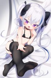 Rule 34 | 1girl, :d, bare arms, bare shoulders, bed sheet, black bow, black bra, black choker, black panties, black thighhighs, blue hair, blurry, blurry background, blush, bow, bra, choker, collarbone, commentary request, depth of field, dutch angle, fang, feet, full body, hair between eyes, hair bow, hand up, highres, kokone (coconeeeco), legs, looking at viewer, lying, multicolored hair, no shoes, on side, open mouth, original, outstretched arm, panties, purple eyes, silver hair, smile, soles, solo, streaked hair, thighhighs, twintails, underwear, underwear only