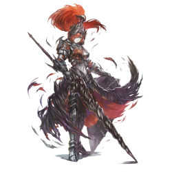 Rule 34 | 1girl, absurdres, armor, breastplate, corinne (yoru no nai kuni), full body, helmet, highres, lance, long hair, navel, official art, polearm, red hair, shield, simple background, solo, warrior, weapon, white background, yoru no nai kuni, yoshiku (oden-usagi)