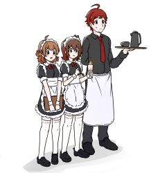 1boy 2girls ahoge apron black_footwear black_pants black_shirt black_skirt blush_stickers bow bowtie brown_eyes brown_hair cup dot_nose eating facial_hair food gakuen_idolmaster hair_between_eyes hair_ornament hairclip hanami_ume highres holding holding_food holding_ice_cream holding_tray ice_cream idolmaster idolmaster_million_live! idolmaster_side-m kasuga_mirai kelvin1996c long_sleeves maid maid_headdress medium_hair multiple_girls pants parted_lips puffy_short_sleeves puffy_sleeves red_bow red_bowtie red_hair saliva shirt short_hair short_sleeves sidelocks skirt teapot tendo_teru thighhighs tray waist_apron white_apron white_background white_thighhighs