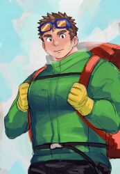 Rule 34 | 1boy, backpack, bag, bara, belt, blue-framed eyewear, blue background, breath, brown hair, closed mouth, cold, eyewear on head, glasses, gloves, green eyes, green jacket, highres, holding, jacket, large pectorals, long sideburns, looking at viewer, male focus, pectorals, red bag, short hair, sideburns, sketch, smile, solo, sonikinme, thick eyebrows, tokyo houkago summoners, upper body, yellow gloves, zao (housamo)