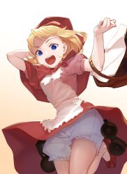 Rule 34 | 1girl, akisa yositake, apron, bare legs, basket, blonde hair, bloomers, blue eyes, bomb, brown footwear, bulleta, capelet, carrying, explosive, from above, grenade, highres, looking at viewer, no socks, open mouth, red capelet, red hood, solo, underwear, vampire (game), white background