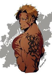 Rule 34 | 1boy, abs, bara, beowulf (fate), blonde hair, cropped torso, facial hair, fate/grand order, fate (series), goatee, large pectorals, male focus, manly, muscular, no nipples, nude, parted bangs, pectorals, red eyes, scar, scar on chest, short hair, shoulder tattoo, solo, tattoo, upper body, yamanome