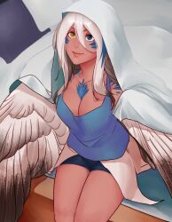 Rule 34 | 1girl, blanket, blue eyes, blue hair, blue tank top, breasts, cleavage, eliana (mgl139), facial mark, feathers, gradient wings, harpy, heterochromia, highres, large breasts, less, long hair, looking at viewer, monster girl, multicolored hair, multicolored wings, original, second-party source, shorts, sitting, smile, solo, tan, tank top, white feathers, white hair, winged arms, wings, yellow eyes
