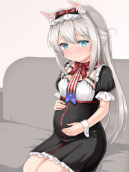 Rule 34 | 1girl, american flag, american flag print, animal ear fluff, animal ears, azur lane, black dress, blue eyes, blush, bow, breasts, brown background, cat ears, closed mouth, commentary request, couch, dress, fingernails, flag print, frilled dress, frills, hair between eyes, hair bow, hammann (azur lane), hands on stomach, highres, long hair, nose blush, on couch, pregnant, print neckwear, puffy short sleeves, puffy sleeves, red bow, short sleeves, silver hair, sitting, small breasts, smile, solo, striped, striped bow, u2 (5798239), very long hair, wrist cuffs
