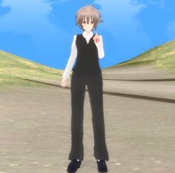 Rule 34 | 1boy, 3d, ahoge, black footwear, black pants, brown hair, command spell, commentary, fate/apocrypha, fate (series), long sleeves, looking at viewer, male focus, pants, red eyes, sansei gomesu, shirt, shoes, short hair, sieg (fate), solo, waistcoat, white shirt