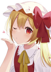 Rule 34 | 1girl, blonde hair, blowing kiss, blush, bow, collar, commentary, flandre scarlet, frilled collar, frills, hair between eyes, hand up, hat, hat bow, hat ribbon, heart, highres, kamachi (kamati0maru), long hair, looking at viewer, mob cap, one eye closed, red bow, red eyes, red ribbon, red vest, ribbon, shirt, side ponytail, sidelocks, simple background, solo, touhou, upper body, vest, white background, white hat, white shirt, wing collar, yellow ribbon