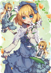 Rule 34 | 3girls, alice margatroid, alternate costume, beni kurage, blonde hair, blue bow, blue dress, blue eyes, blue ribbon, blush, bobby socks, bow, brooch, closed mouth, collar, commentary request, dress, flower, frilled collar, frilled dress, frills, from behind, green background, hair between eyes, hair ribbon, hand on own chest, head tilt, heart, highres, holding, holding flower, jewelry, lily (flower), long hair, long sleeves, looking at viewer, looking back, mary janes, matching shanghai, multiple girls, open mouth, ribbon, shanghai doll, shoes, short hair, simple background, skirt hold, sleeves past wrists, smile, socks, touhou, white legwear, wings