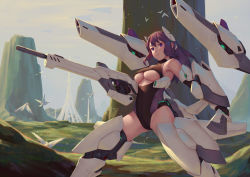 Rule 34 | 1girl, alice gear aegis, armor, bare shoulders, bigrbear, bird, boots, breasts, cannon, closed mouth, cloud, cloudy sky, day, dove, flock, headgear, highres, large breasts, legs apart, leotard, long hair, looking at viewer, mecha musume, nikotama mai, outdoors, purple eyes, purple hair, revision, science fiction, sky, smile, solo, spacecraft, standing, underboob