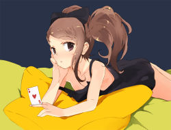 Rule 34 | 1girl, ace (playing card), ace of hearts, alternate hairstyle, brown eyes, brown hair, card, dress, face, head rest, heart, holding, holding card, idolmaster, idolmaster (classic), kitano yuusuke, long hair, lying, minase iori, on stomach, pillow, playing card, solo, strap slip, twintails