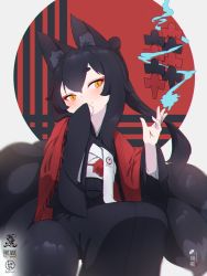 Rule 34 | 1girl, animal ear fluff, animal ears, black hair, black kimono, blush, closed mouth, commentary request, fox ears, fox girl, fox tail, fringe trim, hair between eyes, hands up, head tilt, highres, japanese clothes, kimono, kitsune, kuro kosyou, kyuubi, long sleeves, multiple tails, orange eyes, original, shawl, shikigami, short eyebrows, sleeves past wrists, smile, solo, tail, thick eyebrows, wide sleeves