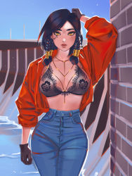 Rule 34 | 1girl, arm up, black bra, black gloves, black hair, blue sky, bra, braid, breasts, brown eyes, casual, cleavage, commentary, commission, dam, denim, english commentary, eye of horus, fashion, frilled bra, frills, gloves, hair tubes, high-waist pants, highres, jacket, jeans, jewelry, lips, long hair, looking at viewer, medium breasts, narrow waist, necklace, nose, open clothes, open jacket, overwatch, overwatch 1, pants, pharah (overwatch), pinup (style), red jacket, side braids, sky, solo, swept bangs, tatti art, underwear, water