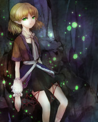 Rule 34 | 1girl, arm warmers, blonde hair, female focus, green eyes, leaning, light particles, looking at viewer, mizuhashi parsee, open mouth, pointy ears, riinu (ir-n), scarf, shirt, short hair, skirt, socks, solo, stone, touhou, white socks