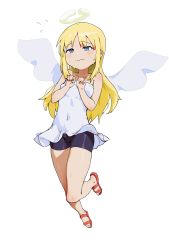 Rule 34 | 1boy, absurdres, androgynous, angel, angel wings, bike shorts, blonde hair, blue eyes, broken halo, bulge, closed mouth, covered navel, crimvael, dress, embarrassed, erection, erection under clothes, floating, full body, halo, hands up, highres, ishuzoku reviewers, long hair, luoxuan dazhuang ji, sandals, short dress, shorts under dress, simple background, small penis, solo, sweat, white background, white dress, wings