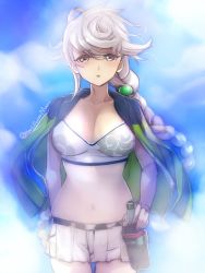 Rule 34 | 10s, 1girl, asymmetrical hair, blue background, braid, breasts, cape, cloud print, cowboy shot, crop top, gradient background, jitome, kantai collection, large breasts, long hair, looking at viewer, midriff, miniskirt, navel, one-hour drawing challenge, parted lips, pleated skirt, primary stage, silver hair, single braid, skirt, solo, thighhighs, twitter username, unryuu (kancolle), very long hair, wavy hair, yellow eyes