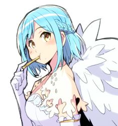 Rule 34 | 1girl, blue hair, blush, braid, breasts, chikuwa (majihima), commentary, dress, eating, elbow gloves, feathered wings, food, french braid, from side, gloves, holding, holding food, large breasts, light blue hair, looking at viewer, moira (nijisanji), mole, mole under mouth, nijisanji, short hair, solo, upper body, virtual youtuber, white dress, wings, yellow eyes