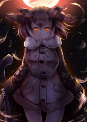 Rule 34 | 10s, 1girl, :|, absurdres, bird wings, black hair, blush, breasts, brown coat, brown hair, buttons, closed mouth, coat, cowboy shot, eurasian eagle owl (kemono friends), eyelashes, facing viewer, feather trim, feathered wings, feathers, floating hair, gloves, glowing, glowing eyes, hair between eyes, head wings, highres, holding, kanzakietc, kemono friends, large breasts, legs apart, light, long sleeves, looking at viewer, moon, moonlight, multicolored hair, night, night sky, no eyebrows, orange eyes, outdoors, pantyhose, pickaxe, pocket, short hair, sky, solo, standing, star (sky), starry sky, white gloves, white hair, white pantyhose, wings