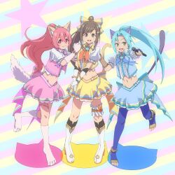 Rule 34 | 3girls, absurdres, alternate costume, animal ears, animal hands, blue hair, cat ears, cat tail, closed mouth, full body, gloves, green eyes, highres, jewelry, kaien advance, long hair, looking at viewer, meracle chamlotte, midriff, multiple girls, navel, open mouth, perisie (star ocean), pink hair, ponytail, saionji reimi, smile, star ocean, star ocean first departure, star ocean the last hope, tail, thighhighs, toes