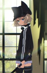 Rule 34 | 1girl, animal hat, artist name, black hat, black jacket, black shorts, black thighhighs, blonde hair, blue eyes, blunt bangs, blurry, blurry background, cat hat, closed mouth, commentary, commission, depth of field, double vertical stripe, flat cap, from side, green eyes, hat, headphones, headphones around neck, heterochromia, highres, holding, holding sword, holding weapon, holster, indoors, jacket, katana, light frown, light particles, long sleeves, mamyouda, original, short hair, short shorts, shorts, signature, solo, standing, sword, thigh holster, thighhighs, weapon