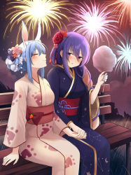 Rule 34 | 2girls, aerial fireworks, animal ear fluff, animal ears, aura (aurapls), blue hair, blush, bow, braid, braided bun, carrot print, closed eyes, closed mouth, commentary, double bun, english commentary, fireworks, flower, food print, grass, hair between eyes, hair bun, hair flower, hair ornament, head tilt, highres, holding, holding hands, hololive, hololive indonesia, interlocked fingers, japanese clothes, kimono, long sleeves, moona hoshinova, multiple girls, night, obi, on bench, outdoors, parted lips, pink kimono, purple eyes, purple hair, purple kimono, rabbit ears, red bow, red flower, red rose, red sash, rose, sash, sitting, smile, summer festival, usada pekora, virtual youtuber, wide sleeves, yukata, yuri