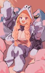 Rule 34 | 1girl, :d, animal costume, braid, breasts, dragon costume, highres, hololive, hood, hood up, horns, horns through headwear, kiryu coco, large breasts, long hair, looking at viewer, official alternate costume, open mouth, orange hair, red eyes, ryusei hashida, signature, sitting, smile, solo, twin braids, virtual youtuber