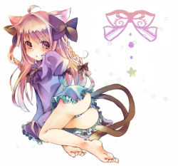 Rule 34 | 1girl, alternate hairstyle, animal ears, ass, bad id, bad pixiv id, barefoot, bow, braid, cat ears, cat girl, cat tail, dress, feet, female focus, frown, full body, hair bow, hair ribbon, kaenbyou rin, kedama milk, long hair, multiple hair bows, multiple tails, panties, red eyes, red hair, ribbon, solo, striped clothes, striped panties, tail, touhou, twin braids, twintails, underwear, white background