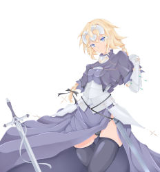 Rule 34 | 1girl, absurdres, armor, armored dress, blonde hair, braid, capelet, dress, fate/apocrypha, fate (series), gauntlets, headpiece, highres, jeanne d&#039;arc (fate), jeanne d&#039;arc (ruler) (fate), long hair, simple background, single braid, skindentation, solo, thighhighs, thighs, white background