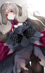 Rule 34 | 1girl, absurdres, black pantyhose, closed mouth, copyright request, dress, gluteal fold, gradient background, grey background, grey dress, grey hair, groin, half-closed eyes, highres, kana616, long hair, long sleeves, looking at viewer, pantyhose, purple eyes, sleeves past fingers, sleeves past wrists, solo, thigh gap, torn clothes, torn dress, very long hair, virtual youtuber, white background