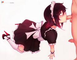 Rule 34 | 1boy, 1girl, all fours, alternate costume, black hair, bluefield, blush, censored, choker, clothed female nude male, enmaided, fellatio, grey eyes, has uncensored version, hetero, high heels, highres, kneeling, long hair, looking up, maid, maid headdress, male pubic hair, mosaic censoring, nude, oral, penis, pubic hair, ruby rose, rwby, sandals, simple background, solo focus, thighhighs, white background, white thighhighs
