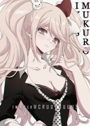 Rule 34 | 1girl, artist name, black bra, black shirt, blue eyes, blush, bow, bra, breasts, character name, choker, cleavage, closed mouth, collarbone, commentary, cosplay, cover, criis-chan, danganronpa: trigger happy havoc, danganronpa (series), enoshima junko, enoshima junko (cosplay), freckles, frown, hair bow, hair ornament, hand up, head tilt, ikusaba mukuro, large breasts, long hair, long sleeves, looking at viewer, medium breasts, nail polish, necktie, print necktie, print neckwear, rabbit hair ornament, red bow, red nails, shirt, sleeves rolled up, solo, twintails, underwear, upper body, very long hair, wavy mouth, white bow, white necktie