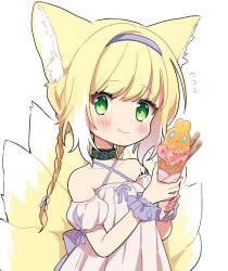 Rule 34 | 1girl, animal ears, arknights, black collar, blonde hair, blush, braid, collar, collarbone, commentary request, criss-cross halter, dress, flying sweatdrops, food, fox ears, green eyes, hairband, halterneck, highres, holding, holding food, ice cream, ice cream cone, infection monitor (arknights), looking at viewer, material growth, multicolored hair, multiple tails, off-shoulder dress, off shoulder, oripathy lesion (arknights), pink dress, purple hairband, purple wristband, short hair with long locks, simple background, single braid, smile, solo, streaked hair, suzuran (arknights), tail, white background, white hair, yukijiro