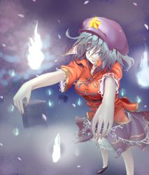 Rule 34 | 1girl, beret, black skirt, blue eyes, blue hair, cherry blossoms, female focus, fire, fire, fog, grave, graveyard, hat, highres, jiangshi, lace, lace-trimmed skirt, lace trim, matching hair/eyes, miniskirt, miyako yoshika, ofuda, outstretched arms, pekoneko, perspective, petals, shirt, short hair, skirt, solo, star (symbol), touhou, tree, zombie pose