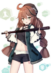 Rule 34 | 1girl, ahoge, arknights, bare shoulders, baseball bat, belt, beret, black hat, black shirt, black shorts, braid, breasts, brown hair, character name, collar, collarbone, commentary request, cowboy shot, crop top, cuora (arknights), green eyes, green jacket, hat, highres, holding, jacket, long hair, long sleeves, looking at viewer, midriff, multicolored hair, navel, off shoulder, open clothes, open jacket, open mouth, poinia, raglan sleeves, shirt, short shorts, shorts, sleeveless, sleeveless shirt, small breasts, smile, solo, standing, streaked hair, twin braids