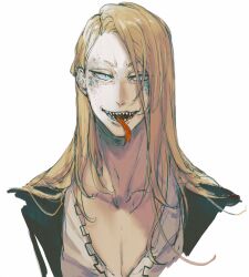 Rule 34 | 1boy, absurdres, black jacket, blonde hair, collarbone, fate/grand order, fate (series), forked tongue, highres, jacket, long hair, looking at viewer, male focus, no eyewear, open clothes, open jacket, rachelyuk00, sharp teeth, shirt, simple background, slit pupils, solo, teeth, tezcatlipoca (fate), tongue, tongue out, upper body, white background, white shirt