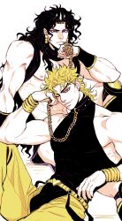 2boys absurdres battle_tendency belt black_hair black_nails black_shirt blonde_hair chain closed_mouth dio_brando donlemefo earrings eyelashes eyeliner fingernails highres jewelry jojo_no_kimyou_na_bouken kars_(jojo) long_hair looking_at_viewer makeup male_focus multiple_boys muscular muscular_male nipples one_eye_closed pants pectorals purple_eyeliner red_eyes shirt sidepec sitting stardust_crusaders yellow_pants