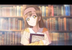 Rule 34 | 1girl, blurry, blurry background, book, bookshelf, brown hair, depth of field, hairband, holding, holding book, holding to chest, kazuma (theworld000021), kunikida hanamaru, layered sleeves, letterboxed, library, long hair, long sleeves, looking at viewer, love live!, love live! school idol festival, love live! sunshine!!, short over long sleeves, short sleeves, solo, sweater, upper body, yellow eyes