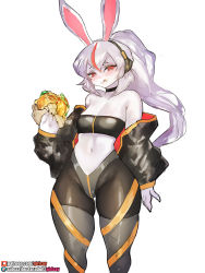 Rule 34 | 1girl, animal ears, black jacket, black leggings, black tube top, breasts, burger, cleavage, commentary, english commentary, food, food on face, furry, furry female, girlsay, headphones, highres, holding, holding food, jacket, leggings, licking lips, looking to the side, medium breasts, multicolored hair, off shoulder, orange eyes, orange hair, original, pantyhose, rabbit ears, rabbit girl, solo, strapless, streaked hair, tongue, tongue out, tube top, watermark, web address, wide hips