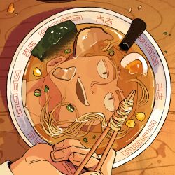 Rule 34 | 1boy, :d, blonde hair, bowl, chopsticks, close-up, egg, eleart, food, highres, holding, holding chopsticks, looking at another, male focus, mob psycho 100, noodles, open mouth, reigen arataka, short hair, smile, solo, table