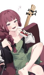 Rule 34 | 1girl, absurdres, alcohol carton, bare shoulders, bass guitar, black bow, black nails, blunt bangs, blush, bocchi the rock!, bow, braid, collarbone, couch, dress, elbow rest, figure four sitting, foot out of frame, geta, green dress, hair bow, hair over shoulder, highres, hiroi kikuri, holding, instrument, jacket, legs, long hair, long sleeves, looking at viewer, nail polish, on couch, open clothes, open jacket, open mouth, purple eyes, red hair, ringed eyes, sharp teeth, short dress, simple background, single braid, sitting, sleeveless, sleeveless dress, sleeves past wrists, smile, solo, soya (torga), spaghetti strap, squeans, strap slip, teeth, white background