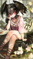 Rule 34 | 1girl, absurdres, bare legs, bird tail, black hair, black wings, blurry, blurry foreground, blush, breasts, casual, chair, collarbone, commentary, crossed legs, cup, elbow rest, feathered wings, hair between eyes, head rest, head wings, highres, kemono friends, long hair, long sleeves, looking at viewer, medium breasts, melaton, open mouth, red eyes, sitting, smile, solo, tail, teacup, wings, yatagarasu (kemono friends)