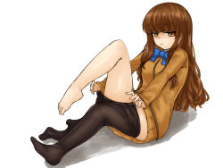 Rule 34 | 1girl, artist request, barefoot, brown eyes, brown hair, clothes pull, fate/extra, fate (series), feet, highres, kishinami hakuno (female), long hair, looking at viewer, pantyhose, pantyhose pull, sitting, solo, steamingtofu, toes, white background