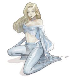 Rule 34 | 1girl, absurdres, animification, bare shoulders, blonde hair, blue eyes, blue lips, boots, cape, elbow gloves, emma frost, gloves, highres, lipstick, makeup, marvel, navel, solo, subakeye, superhero costume, thigh boots, white cape, x-men