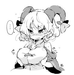 Rule 34 | ..., 1girl, blush, breasts, clenched teeth, dress, earrings, greyscale, horn ornament, horn ribbon, horns, jewelry, large breasts, monochrome, pointy ears, ribbon, sheep horns, short hair, signature, simple background, solo, spoken ellipsis, tanasuke, teeth, touhou, toutetsu yuuma, upper body, white background