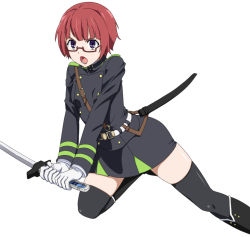 Rule 34 | 10s, 1girl, boots, endou yayoi, glasses, gloves, military, military uniform, open mouth, owari no seraph, purple eyes, red hair, simple background, solo, sword, teeth, thighhighs, uniform, weapon, white background, yoshida keiji
