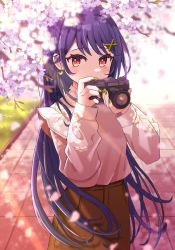Rule 34 | 1girl, brown panties, camera, cherry blossoms, commentary, cowboy shot, dappled sunlight, earrings, eyelashes, forehead, frills, grass, hair ornament, highres, holding, holding camera, jewelry, long hair, long sleeves, looking at viewer, mizuki (lvo0x0ovl), nail polish, original, outdoors, panties, petals, pink shirt, pink sleeves, purple hair, red eyes, shadow, shirt, solo, sunlight, tile floor, tiles, underwear, x hair ornament, yellow nails