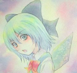 Rule 34 | 1girl, blue eyes, blue hair, bow, cirno, highres, ice, ice wings, matching hair/eyes, painting (medium), solo, touhou, traditional media, watercolor (medium), wings, yuyu (00365676)