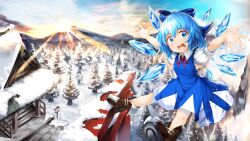Rule 34 | 1girl, album cover, bad source, black footwear, blue bow, blue dress, blue hair, boots, bow, bowtie, cirno, collared shirt, cover, dress, flying, full body, girls logic observatory, hair bow, hakurei shrine, highres, ice, ice wings, medium dress, mountainous horizon, outdoors, outstretched arms, pine tree, puffy short sleeves, puffy sleeves, red bow, red bowtie, ribbon-trimmed footwear, shirt, short hair, short sleeves, sleeveless, sleeveless dress, snow, snowing, solo, sunrise, torii, touhou, tree, umagenzin, white shirt, white sleeves, wings, winter