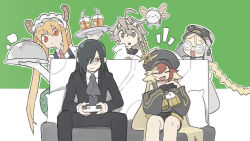 Rule 34 | 2girls, 3girls, ahoge, alchemy stars, ascot, black hair, black jacket, blonde hair, braid, closed eyes, coke-bottle glasses, collared shirt, commentary request, controller, crossover, cup, drinking straw, fafnir (maidragon), fang, firefly (alchemy stars), frilled hairband, frills, game controller, glasses, goggles, goggles on headwear, grey eyes, grey hair, gronru (alchemy stars), hair over one eye, hairband, hat, headband, highres, holding, holding controller, holding tray, horns, jacket, jitome, kobayashi-san chi no maidragon, korean commentary, long hair, looking at viewer, multicolored hair, multiple girls, navigator (alchemy stars), necktie, notice lines, open mouth, orange hair, pillow, pince-nez, red eyes, red hair, serving dome, shirt, sidelocks, sitting, sleeves past fingers, sleeves past wrists, slit pupils, steam, tail, tohru (maidragon), tray, twintails, two-tone hair, unimet (alchemy stars), v-shaped eyebrows, white shirt, whitebear