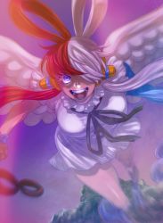 Rule 34 | 1girl, absurdres, angel wings, artist request, bare legs, breasts, dress, grin, headphones, highres, long hair, looking at viewer, multicolored hair, one piece, one piece film: red, red hair, shaded face, shiny skin, smile, standing, two-tone hair, uta (one piece), very long hair, white dress, wide hips, wings, yandere