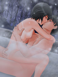 Rule 34 | 1boy, 1girl, amagami, bath, black hair, blush, bob cut, breasts, closed eyes, completely nude, couple, dutch angle, elisa (drinker), evening, forest, girl on top, good end, happy sex, hetero, hug, kiss, mixed-sex bathing, nanasaki ai, nature, night, nipples, nude, onsen, outdoors, partially submerged, sex, shared bathing, short hair, sitting, sitting on person, small breasts, snowing, tachibana jun&#039;ichi, tan, tanline, tree, vaginal, water, wet