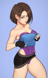 Rule 34 | 1girl, absurdres, black gloves, black skirt, blue eyes, blue tube top, breasts, brown hair, cleavage, clothes pull, commission, cowboy shot, dressing, fellming, fingerless gloves, gloves, highleg, highleg leotard, highres, jill valentine, leotard, leotard under clothes, lips, medium breasts, miniskirt, naughty face, nose, parted hair, pink lips, purple background, purple leotard, resident evil, resident evil 3, resident evil 3: nemesis, resident evil 3 (remake), short hair, skirt, solo, standing, strapless, thick thighs, thighs, tube top, tube top pull
